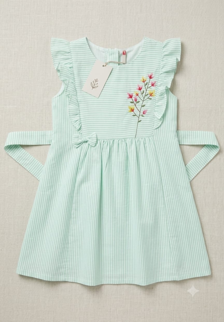 Mint Striped Dress with Floral Embroidery