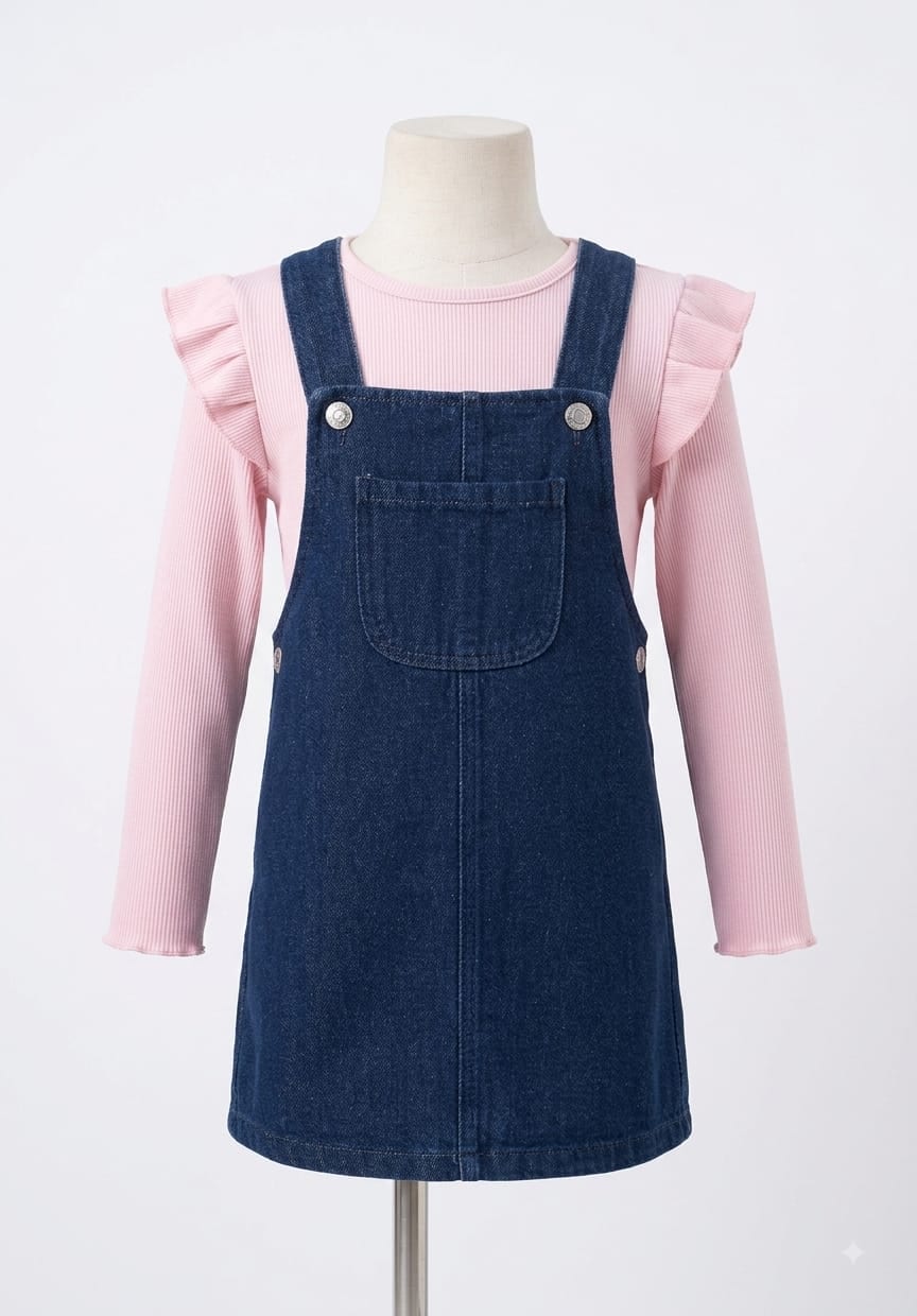 Pink Top & Denim Pinafore Dress Set