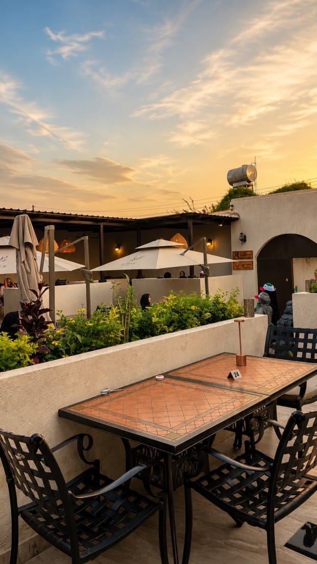 The Village Hargeisa open-air terrace at golden hour — tiled tables under cream parasols beside a planted bed, with a warm sunset sky.